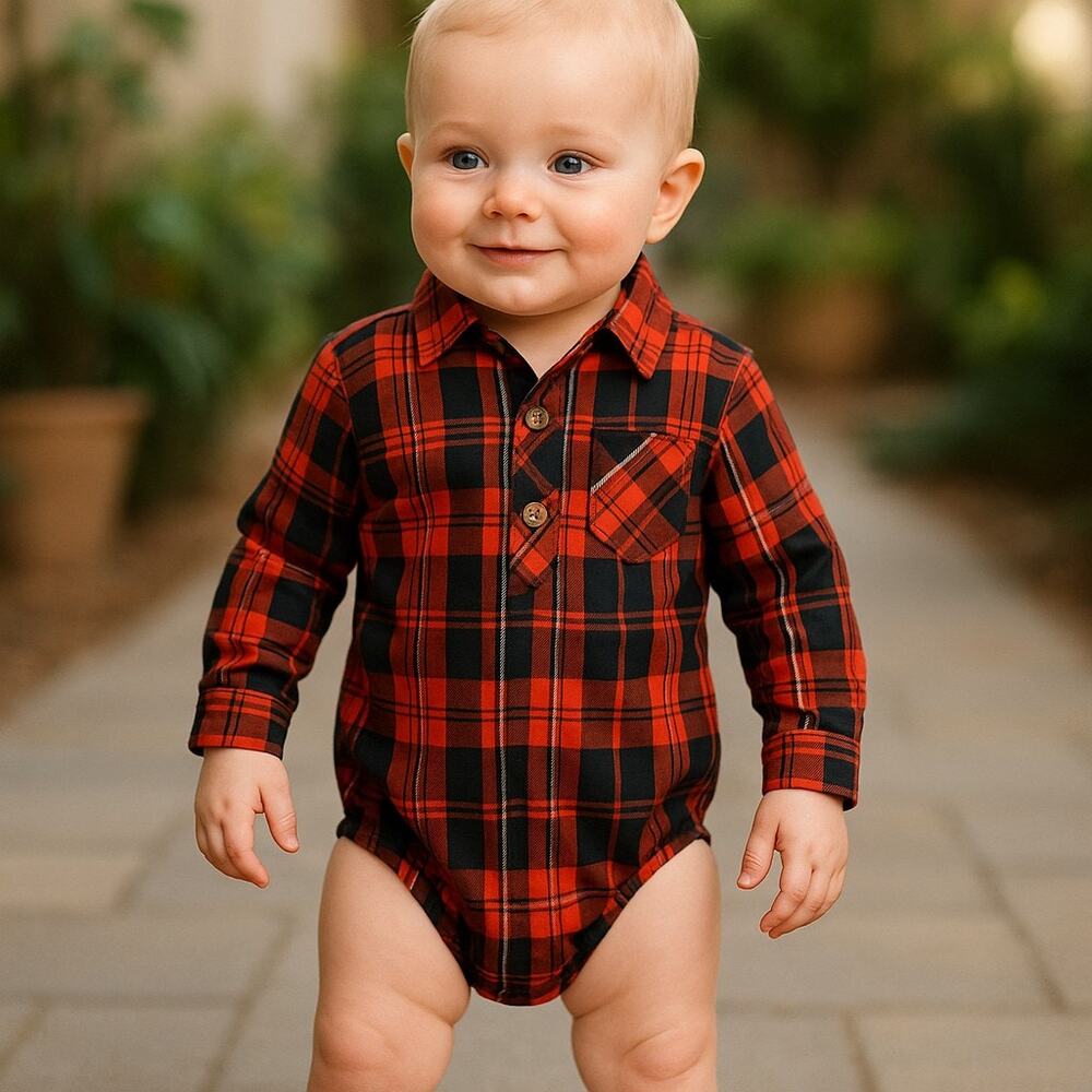 Healthtex Boys Bodysuit Size 6-9 Months Navy Blue Red Plaid Woven Popover NEW